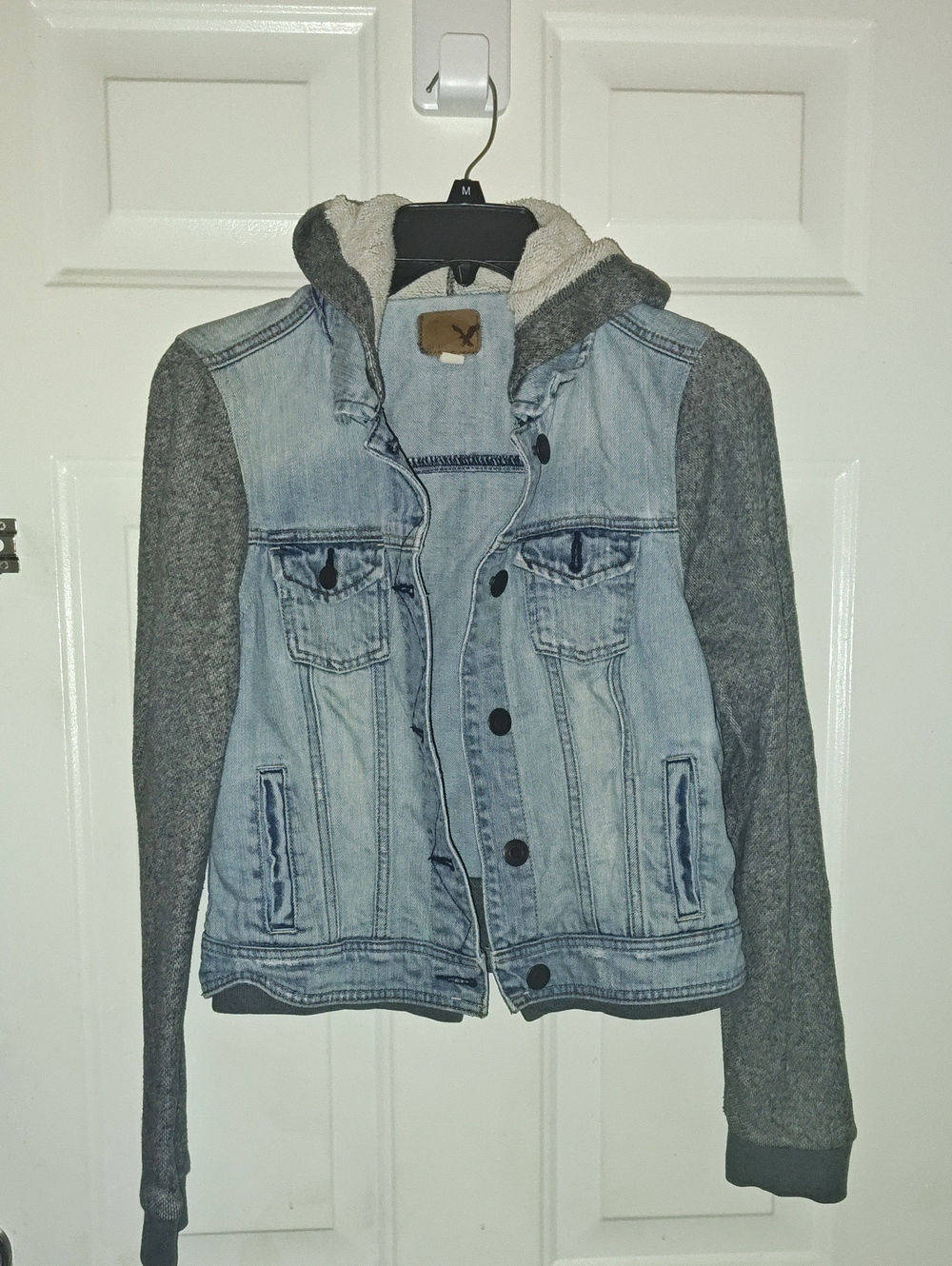 American Eagle Outfitters Light Blue Denim Jacket with Gray Knit Sleeves